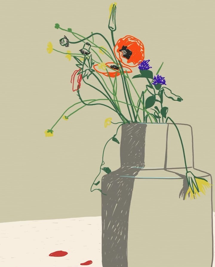 Illustration of a vase with flowers in orange, yellow, and purple hues against a beige background, with a minimalist aesthetic.