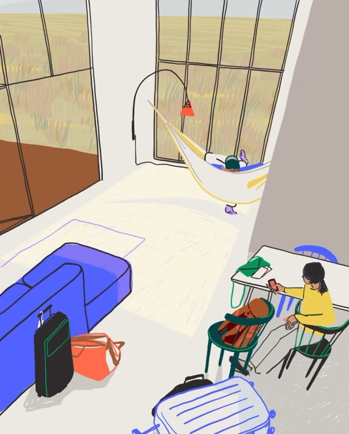 Illustration of an apartment interior with a woman sitting at a table using a cell phone and another person in a hammock near a window.
