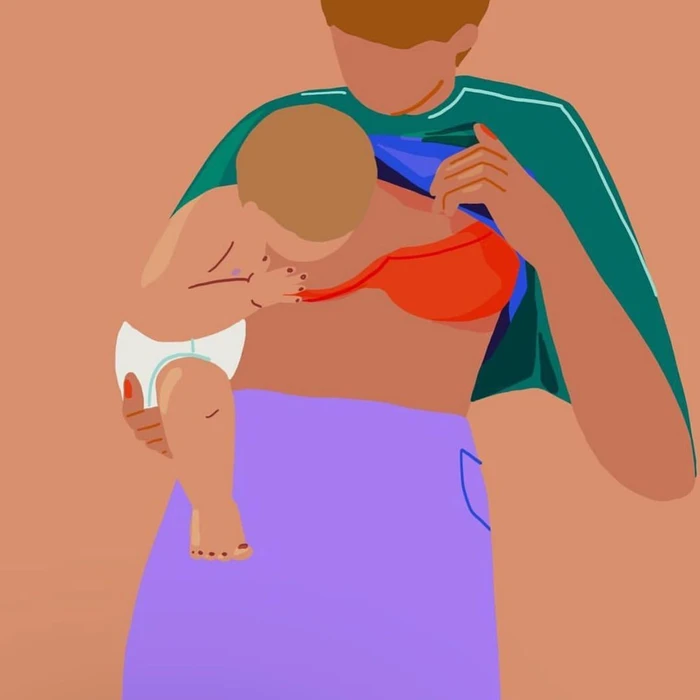 Digital illustration by Maria Grejc showing an adult holding an infant while breastfeeding against a solid orange background.
