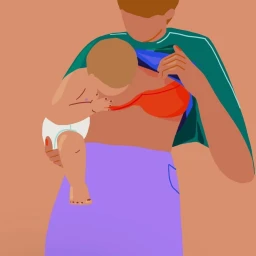 Digital illustration by Maria Grejc showing an adult holding an infant while breastfeeding against a solid orange background.