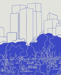 Blue line art illustration depicting a crowded park scene with skyscrapers in the background by illustrator Maria Grejc