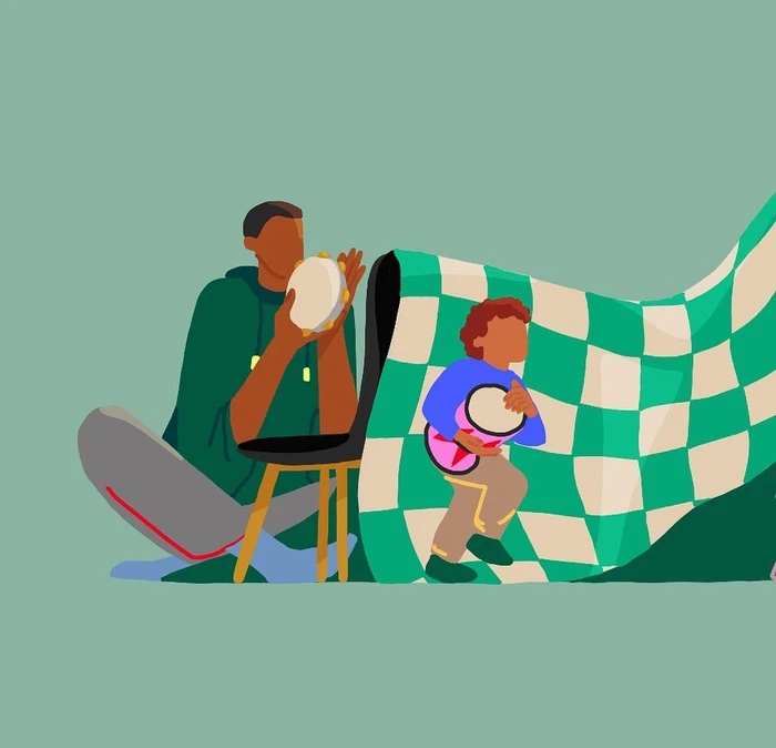 Illustration by Maria Grejc of an adult and child playing drums under a green and white checkered blanket against a solid green background