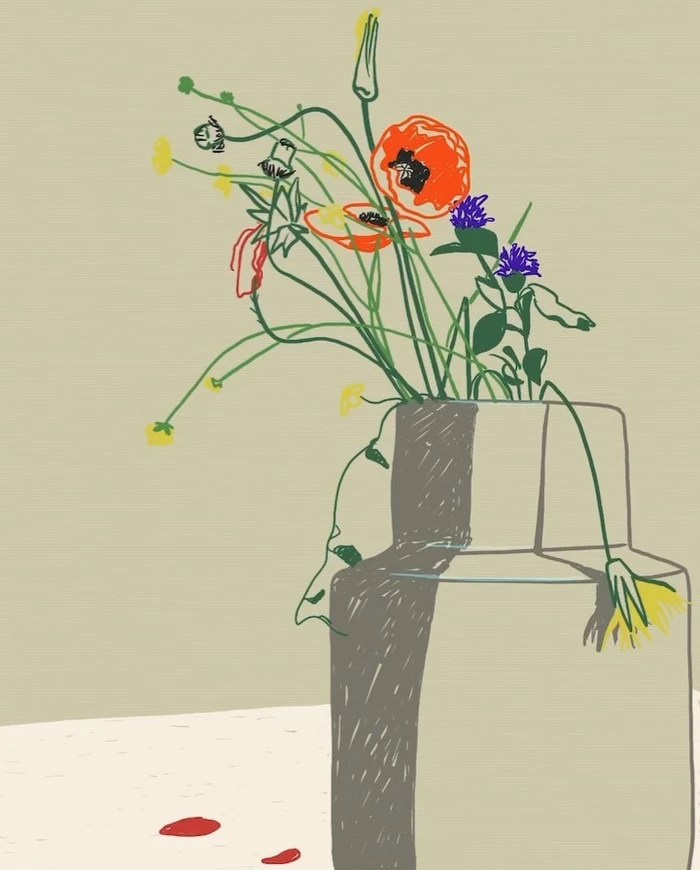 Digital illustration by Maria Grejc of wildflowers in a vase on a table