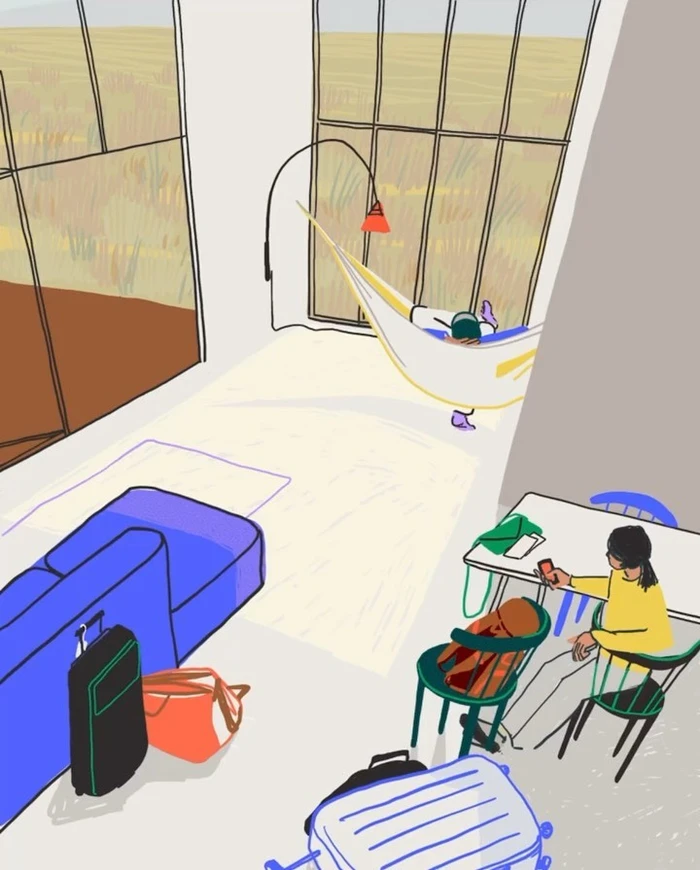 Illustration of a person resting in a hammock inside a modern room with luggage and a seated figure at a table by Maria Grejc