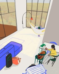Illustration of a person resting in a hammock inside a modern room with luggage and a seated figure at a table by Maria Grejc