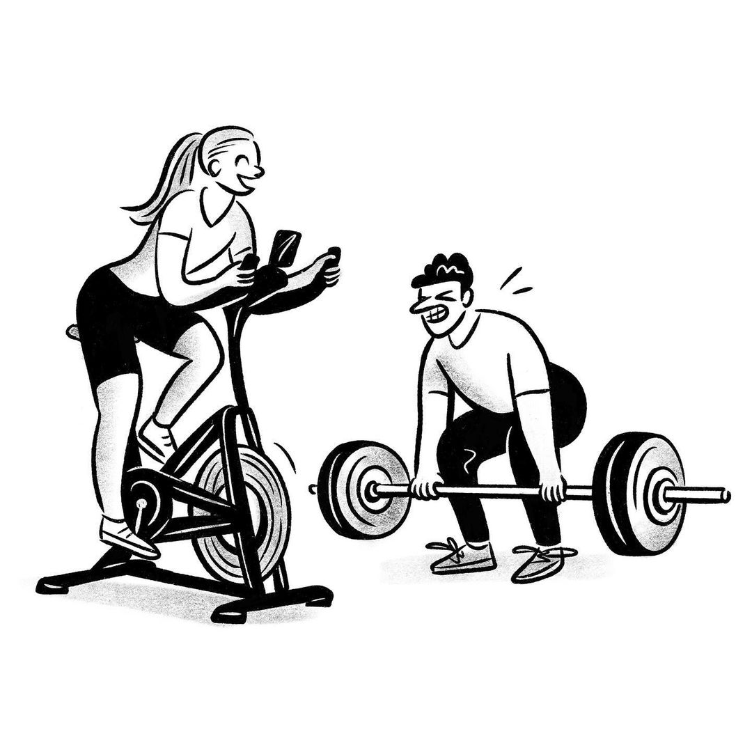 Illustration of a woman riding an exercise bike while looking at her mobile phone and a man lifting weights in a gym.