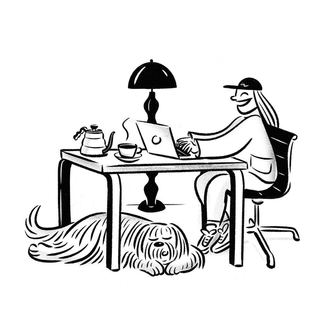 Illustrated scene of a woman working at a desk with a laptop, lamp, tea set, and a sleeping dog, rendered in black and white linework.