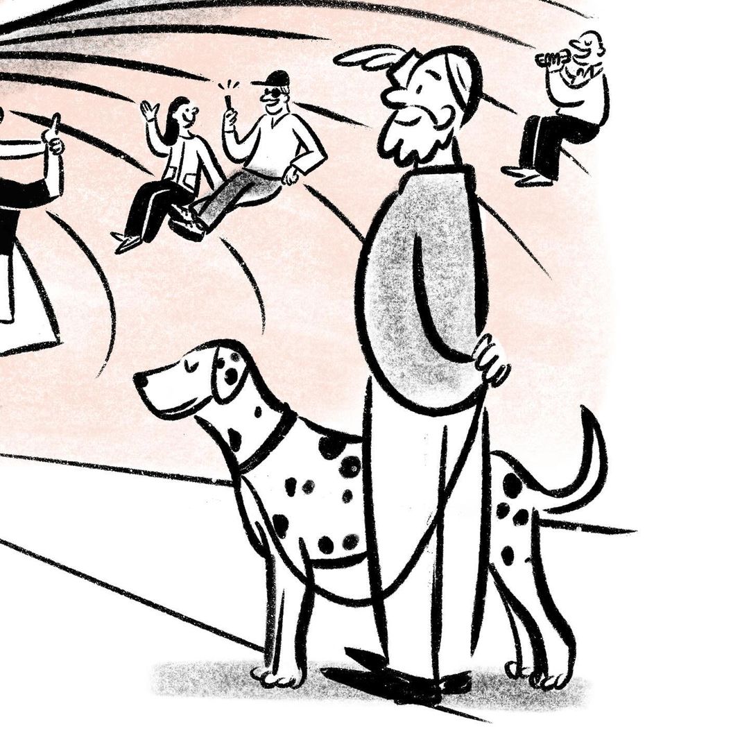Illustration of an older adult with a Dalmatian dog, standing near other adults in a social scene with a pink background.