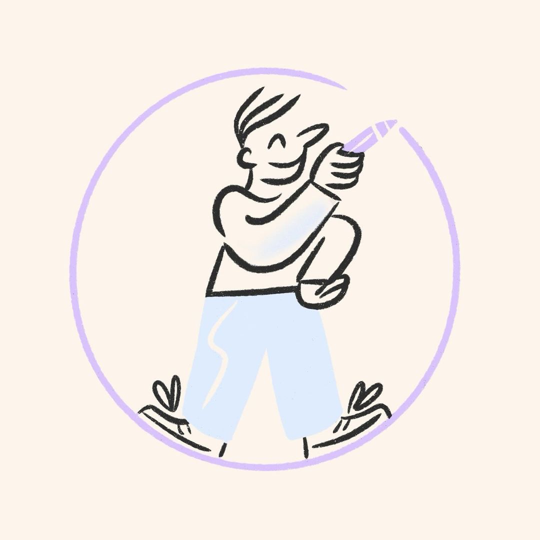 Illustration of a person drawing a circle with a purple crayon, sketch style, clean vector art with a peach background.