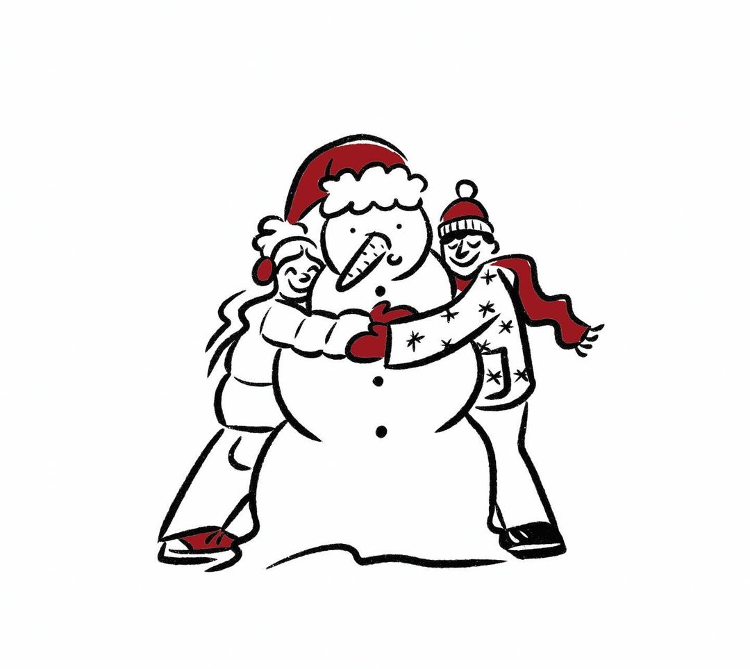 Illustrated image of two children hugging a snowman wearing a hat and carrot nose, set against a plain white background. Winter scene.
