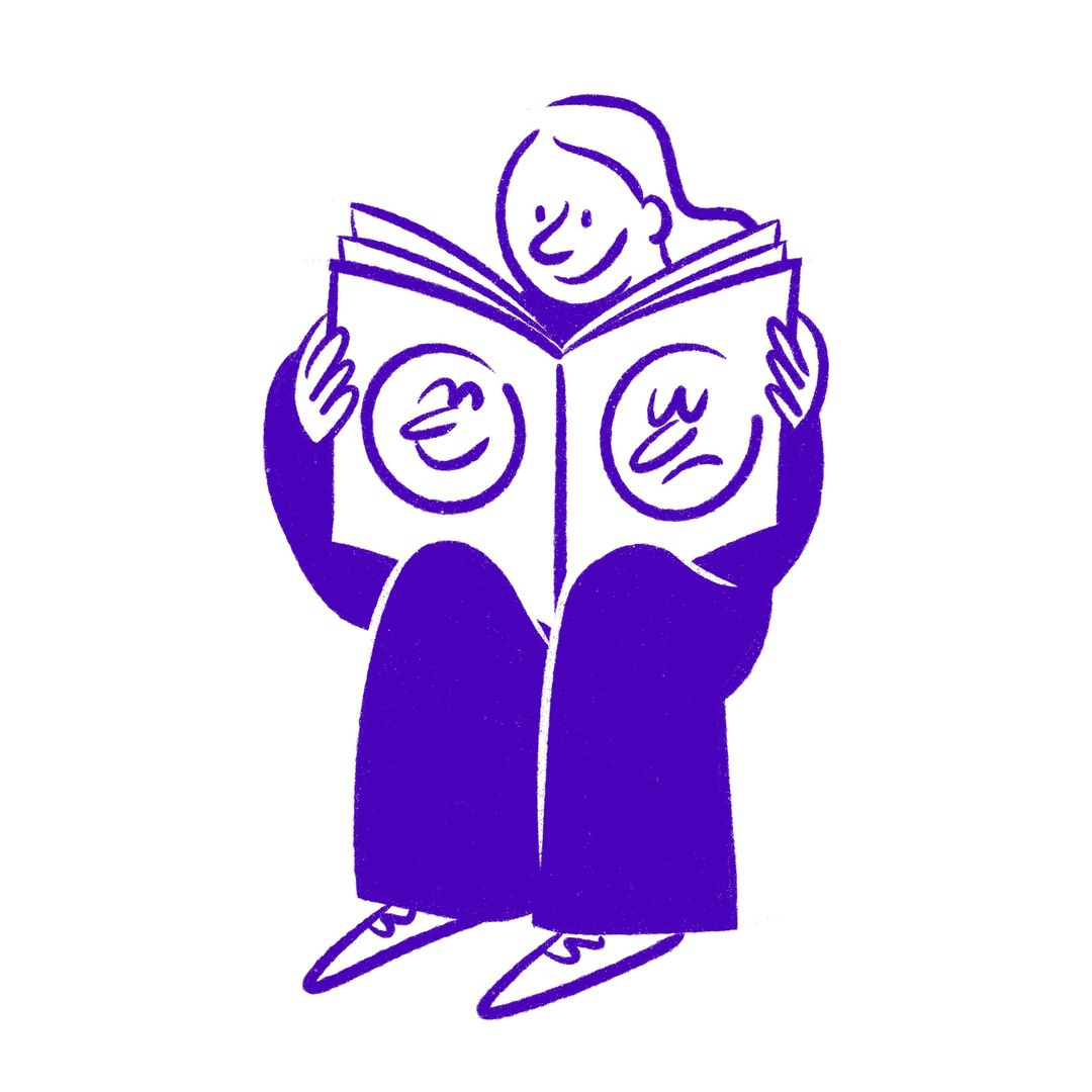 Illustration of a person reading a book with illustrated faces, rendered in shades of purple on a white background.
