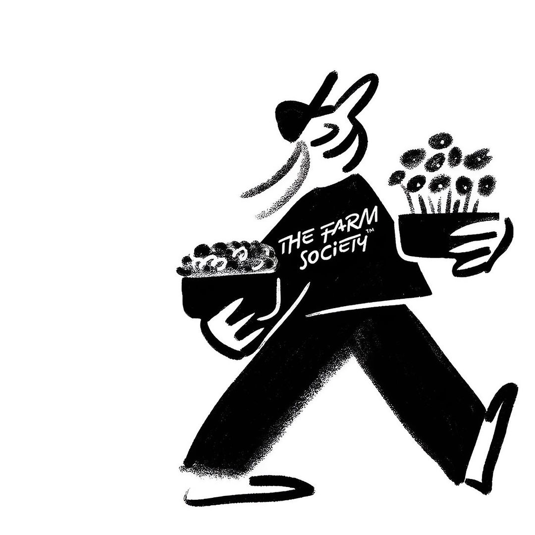Black and white illustration of a cartoon character carrying two potted plants with the text 'The Farm Society' on the shirt.