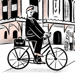 Illustrated man riding a bicycle past a building exterior with a briefcase on the back rack, created by Maria Milenko.