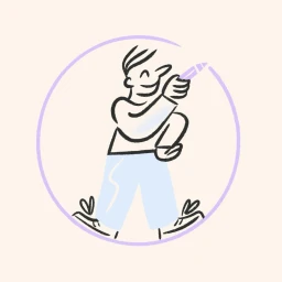 Illustrated person holding a pencil inside a purple circular frame against a pale peach background