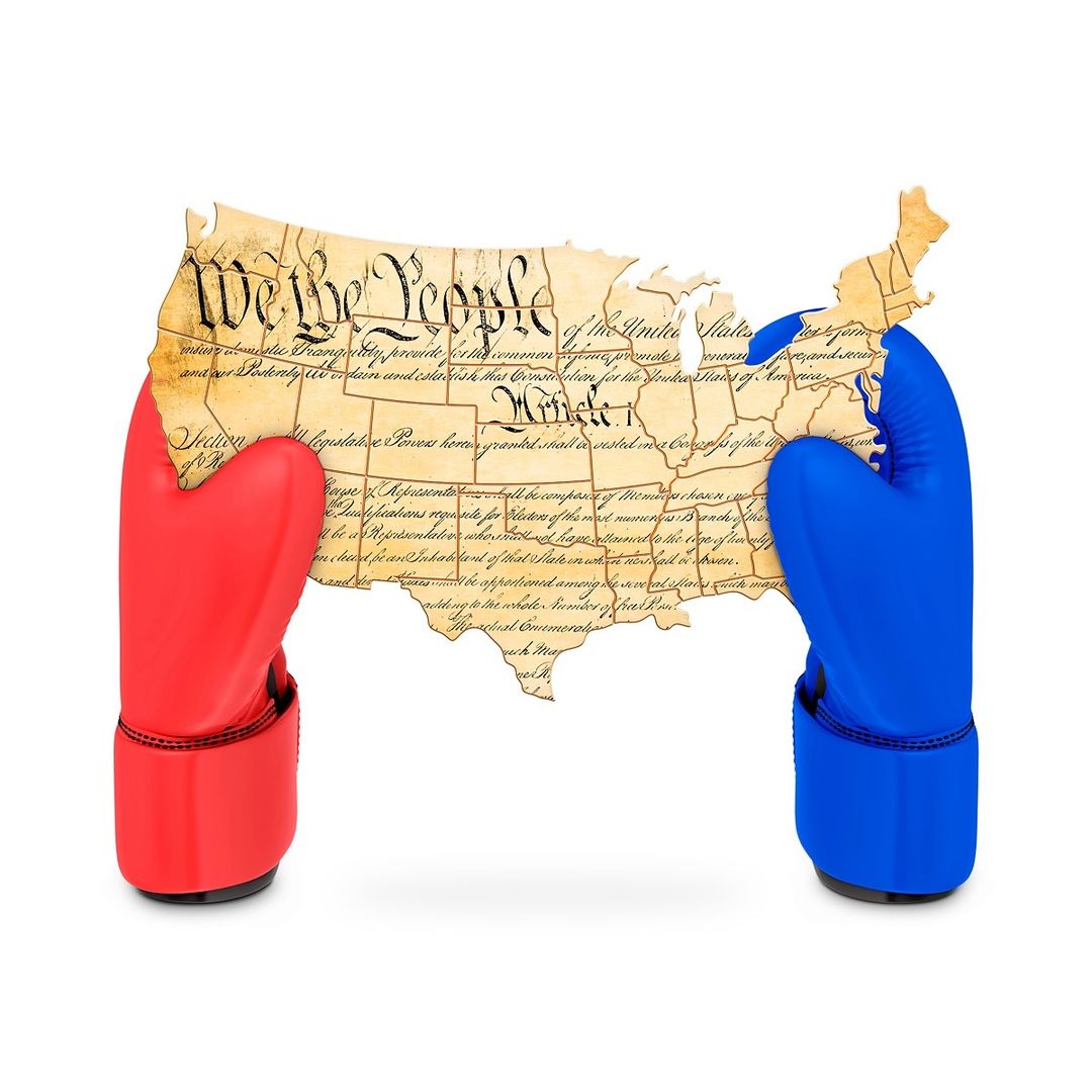 Illustration featuring a map of the United States constitution with boxing gloves, one red and one blue, symbolizing political conflict.