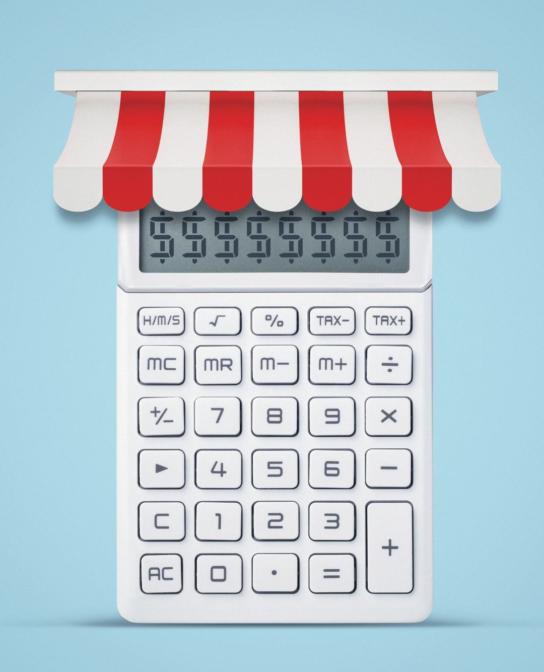Calculator with dollar signs on the display and a red and white striped awning above it against a blue background. Business illustration.