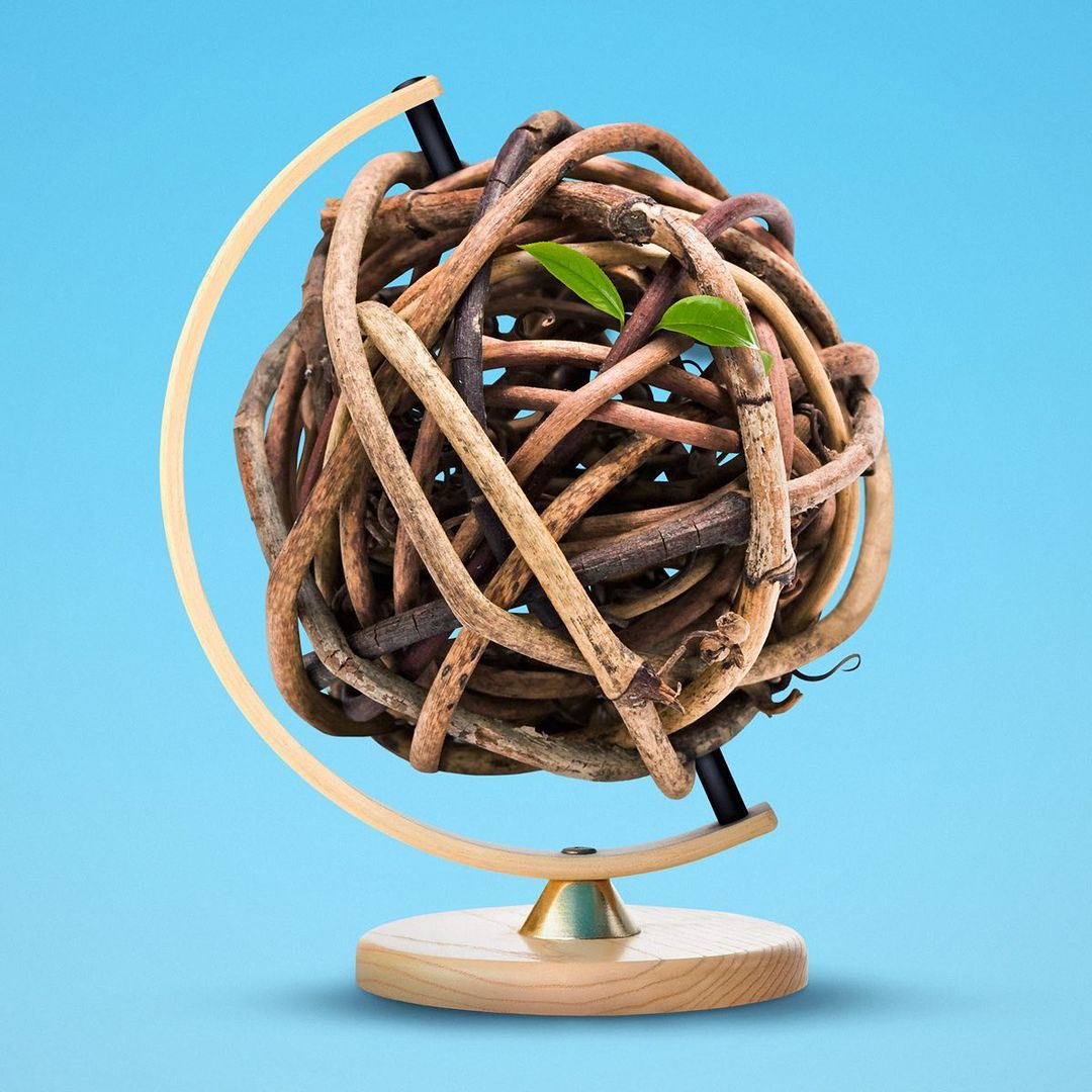 Conceptual image featuring a globe with a wooden stand and a sphere made of twigs, adorned with small green leaves on a blue background.