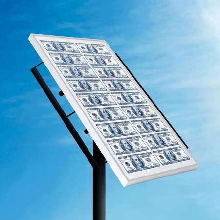 Solar panel design featuring United States one hundred dollar bills against a bright blue sky, symbolizing renewable energy and finance.