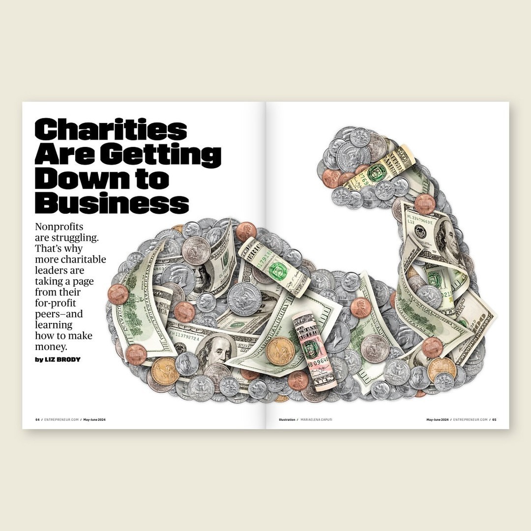 Creative illustration features an arm made of US currency: dollar bills and coins, with text on the left, on a white page spread.