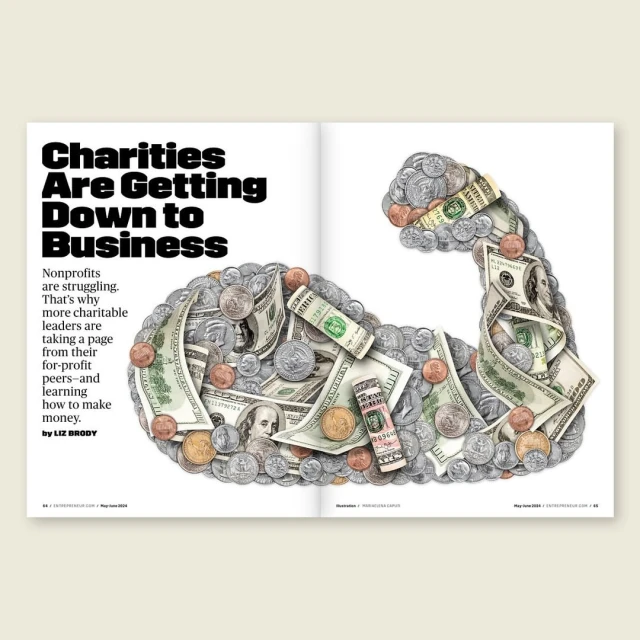 Creative illustration features an arm made of US currency: dollar bills and coins, with text on the left, on a white page spread.