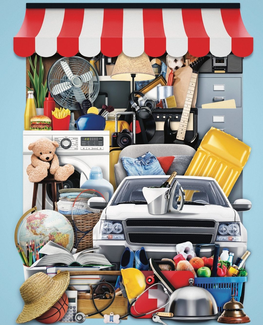 Assorted objects, including a white SUV, washing machine, tennis racket, burger, desk fan, and guitar, are stacked behind a shop awning.