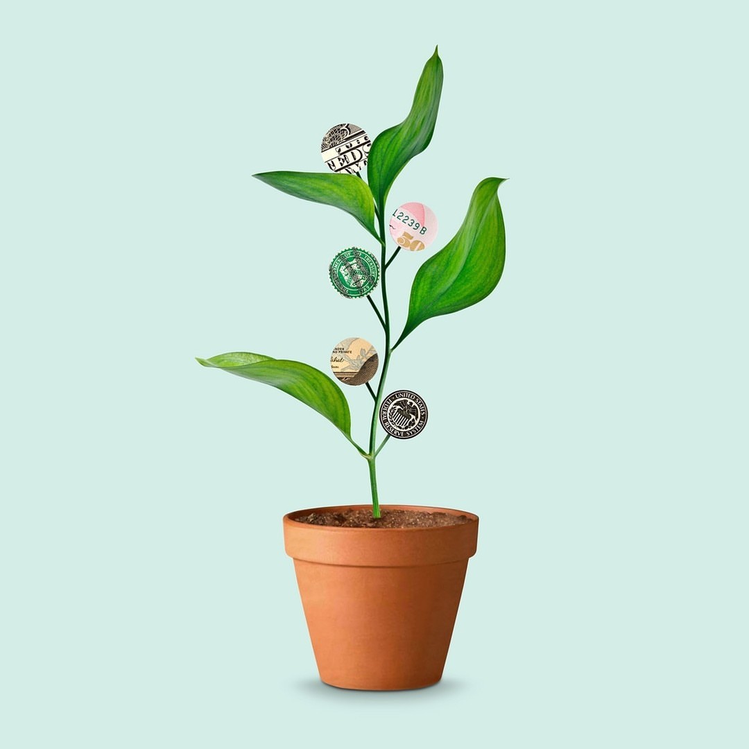 Plant with stamps in terracotta pot on light blue background, studio shot. Stamps as leaves, green leaves, and stem.
