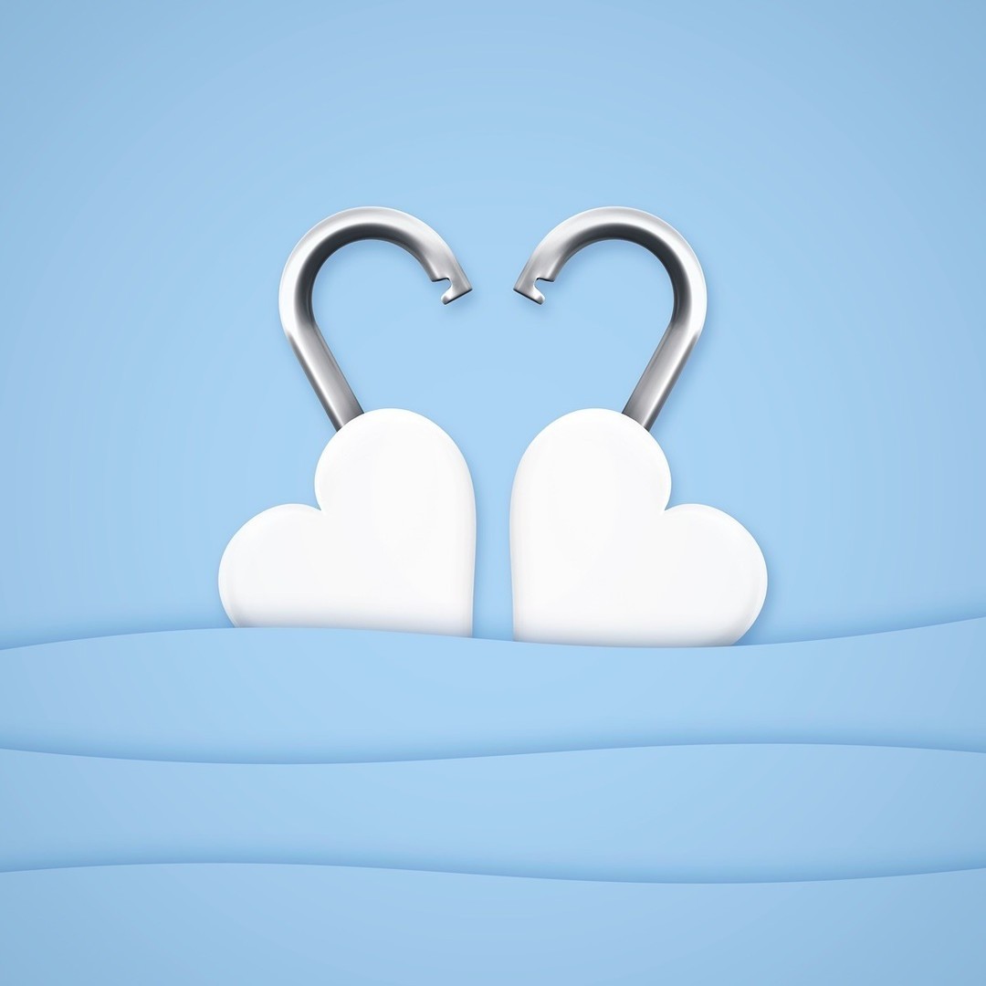 Digital render of two open heart-shaped padlocks in a light pastel blue scene. Two padlocks symbolize love, safety, and togetherness.