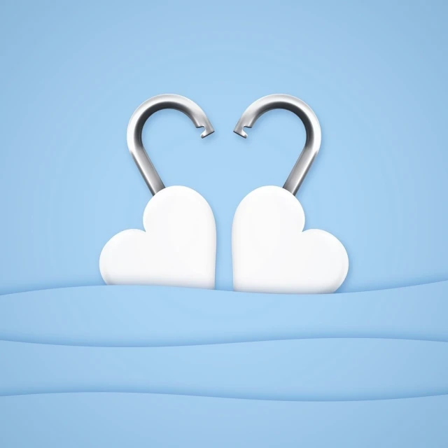 Digital render of two open heart-shaped padlocks in a light pastel blue scene. Two padlocks symbolize love, safety, and togetherness.