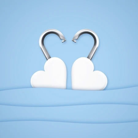 Digital render of two open heart-shaped padlocks in a light pastel blue scene. Two padlocks symbolize love, safety, and togetherness.