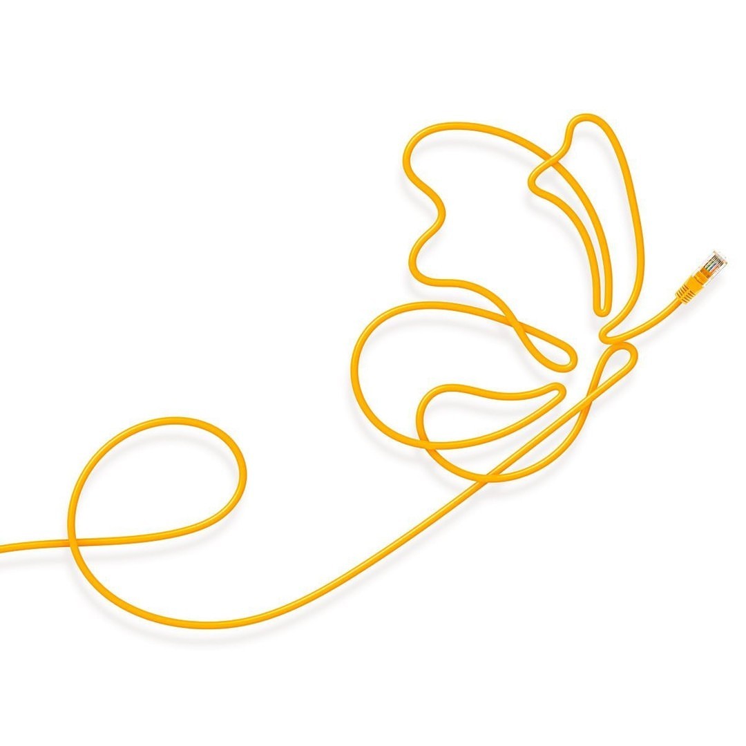 Abstract butterfly shape formed by a curled yellow computer cable on a clean white background, studio shot for technology themes.