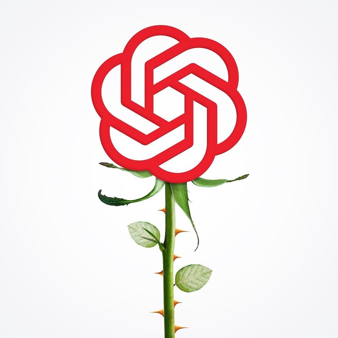 Abstract red logo in the shape of a rose. The green stem has thorns. The background is white. The composition is simple and modern.