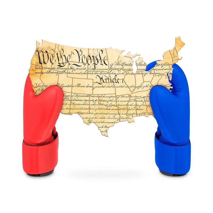 A red boxing glove and a blue boxing glove holding up an old paper map of the United States featuring the Constitution text.