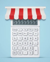 Digital illustration of a white calculator with a red and white striped storefront awning above it against a light blue background.