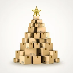 A triangular Christmas tree structure constructed from stacked cardboard shipping boxes, topped with a gold star.
