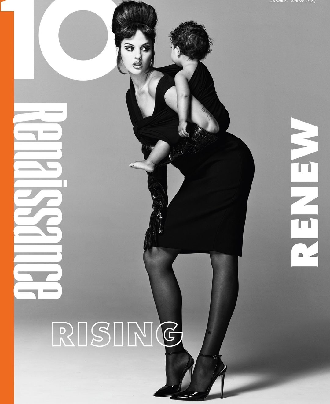 Fashion editorial cover features a woman in black dress carrying a child on her back, with magazine text and graphic elements.
