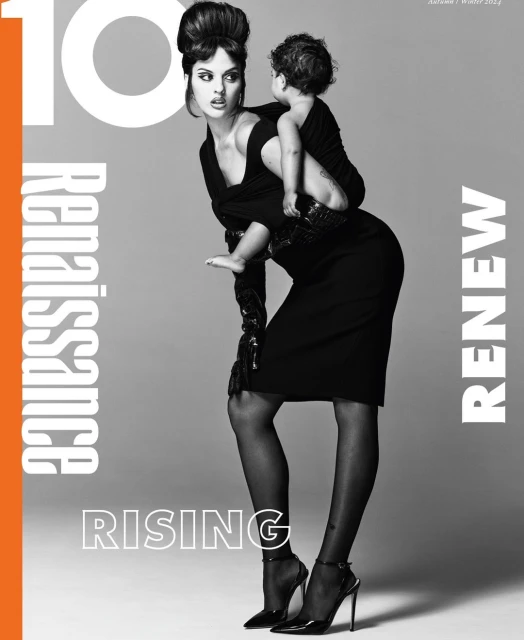 Fashion editorial cover features a woman in black dress carrying a child on her back, with magazine text and graphic elements.