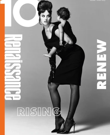 Fashion editorial cover features a woman in black dress carrying a child on her back, with magazine text and graphic elements.
