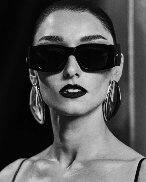 Black and white portrait of an adult woman wearing sunglasses and earrings, with dark lipstick, against a dark background.