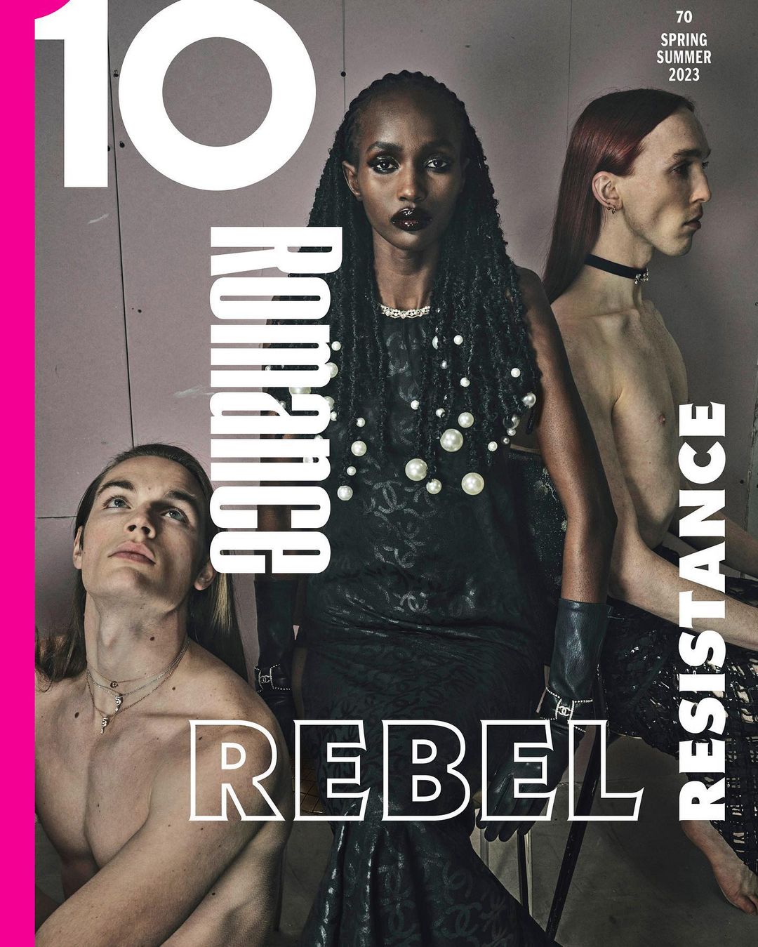 Magazine cover featuring a Black woman in a black dress with pearl embellishments and two other models with dramatic makeup.