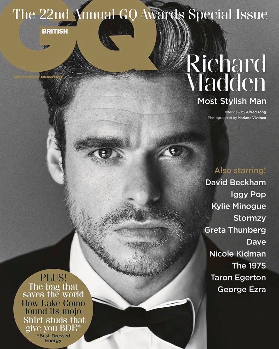 British GQ magazine cover featuring a close-up of Richard Madden, named Most Stylish Man, wearing a tuxedo and bow tie on a gold-toned background.