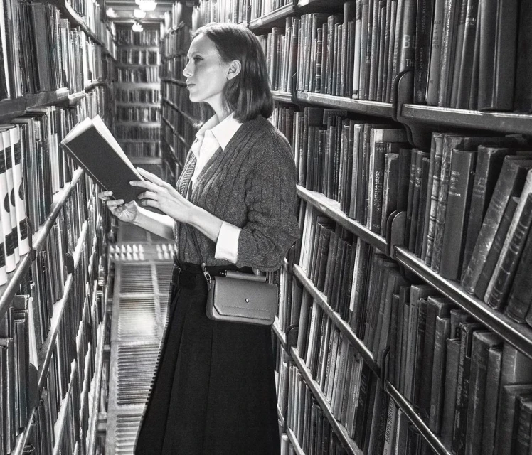 A woman stands in a black and white library setting, holding and reading an open book, surrounded by shelves filled with books.