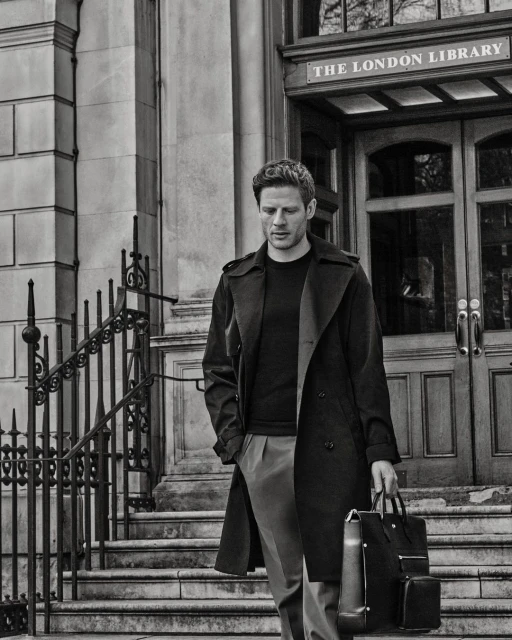 A stylish adult male in a dark trench coat and slacks walks down stone steps while holding a briefcase in front of The London Library.