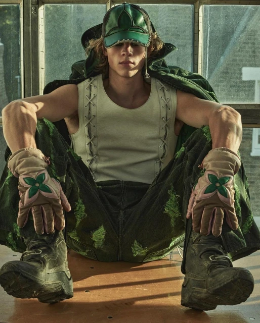 Male fashion model wears cap, tank top, gloves, and boots, seated in front of a window with an exterior building view.