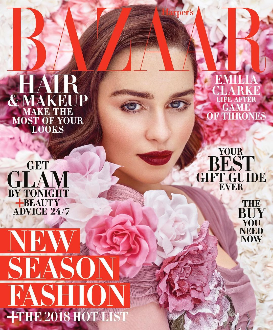 Magazine cover featuring Emilia Clarke surrounded by pink flowers, with 'BAZAAR' logo in red, and text promoting hair, makeup, and fashion.