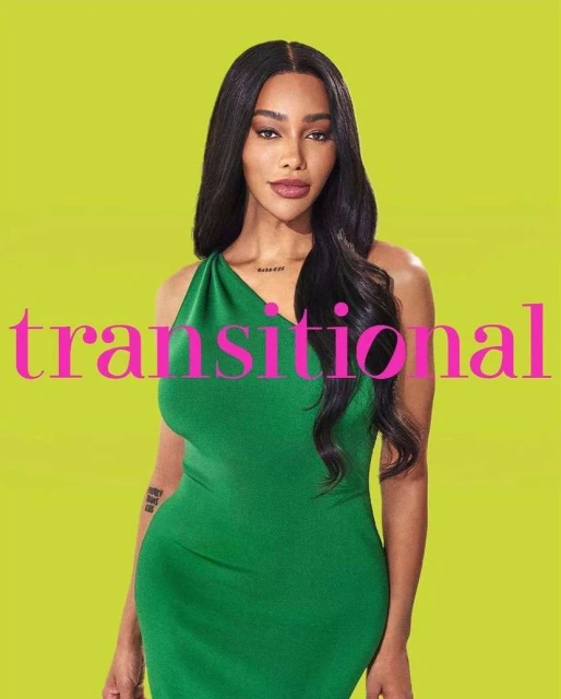 Portrait of a woman with long dark hair wearing a green dress against a vibrant chartreuse backdrop. Text overlay reads 'transitional'.