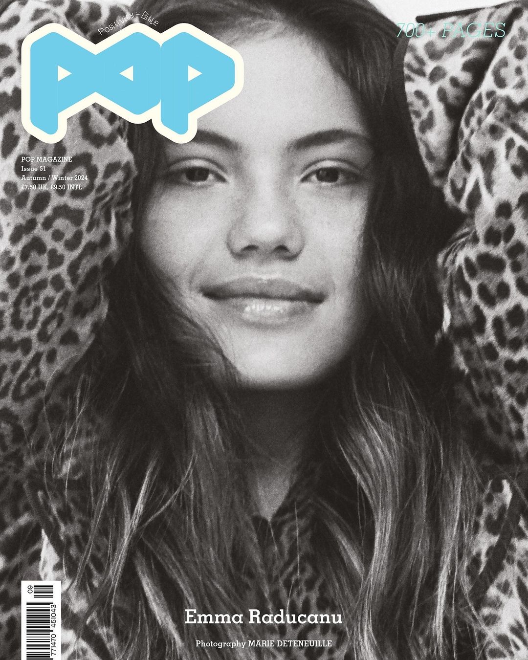 Emma Raducanu covers POP Magazine in a close-up portrait, wearing a leopard print top. She is smilling softly with neutral make-up.