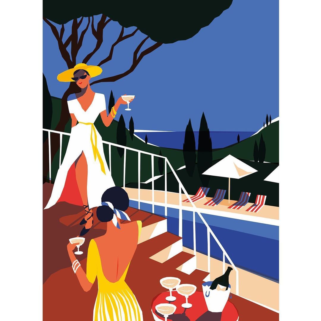 Illustration of two women at a poolside party with champagne, wearing elegant dresses and hats against a background of ocean and sky.