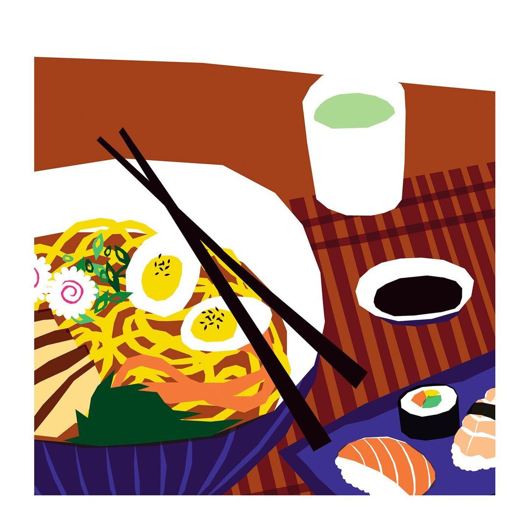 Illustration of a bowl of ramen with chopsticks, sushi, and a cup on a table, in a colorful, graphic style.