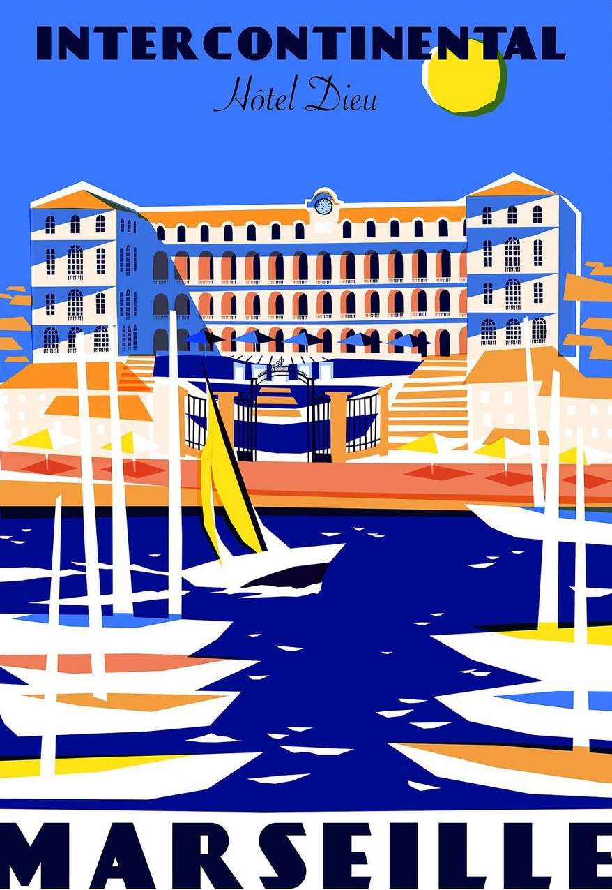 Illustrated travel poster depicting the InterContinental Hotel Dieu in Marseille with sailboats on the water and a sunny sky.
