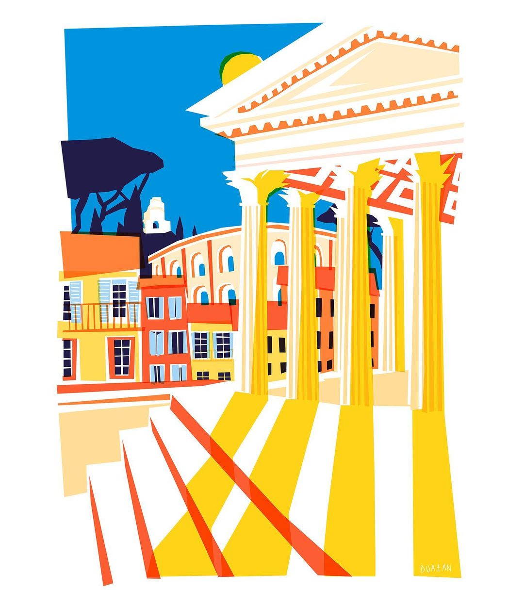 Illustration of Roman architecture with a temple, buildings, stairs, and a sunny blue sky in an eye-level perspective.
